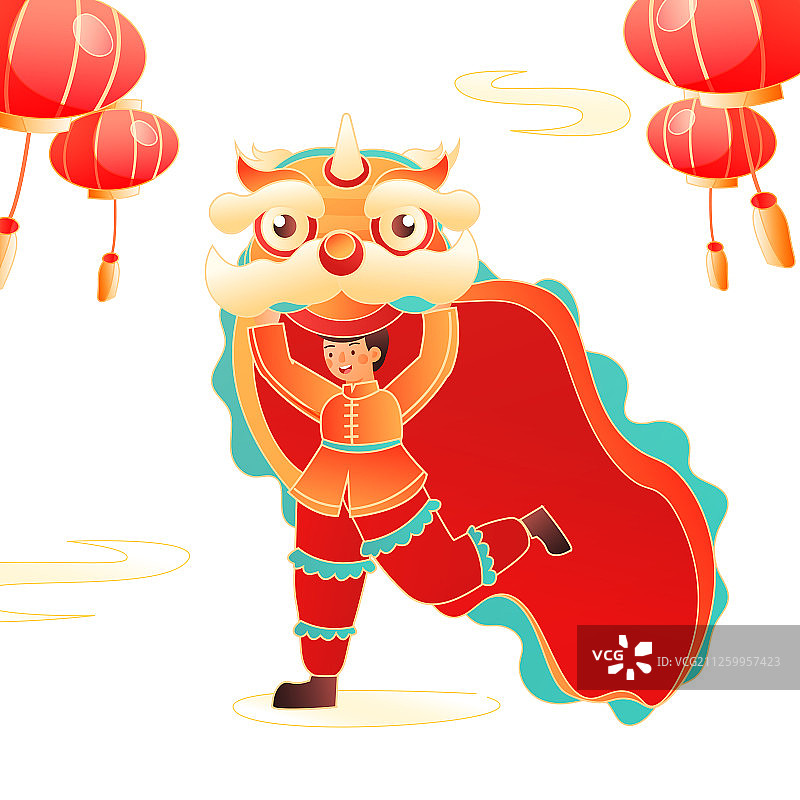 卡通2020年元旦除夕新年春节舞狮中国风背景矢量插画图片素材
