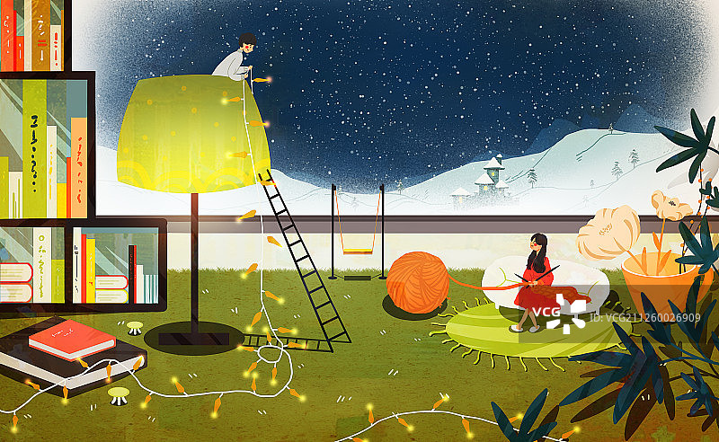 冬季温暖的室内书桌上的迷你情侣 小清新生活插画横版图片素材