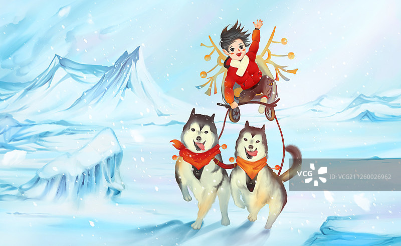 冬季坐在雪橇车上回家欢呼的男孩 清新插画横版图片素材