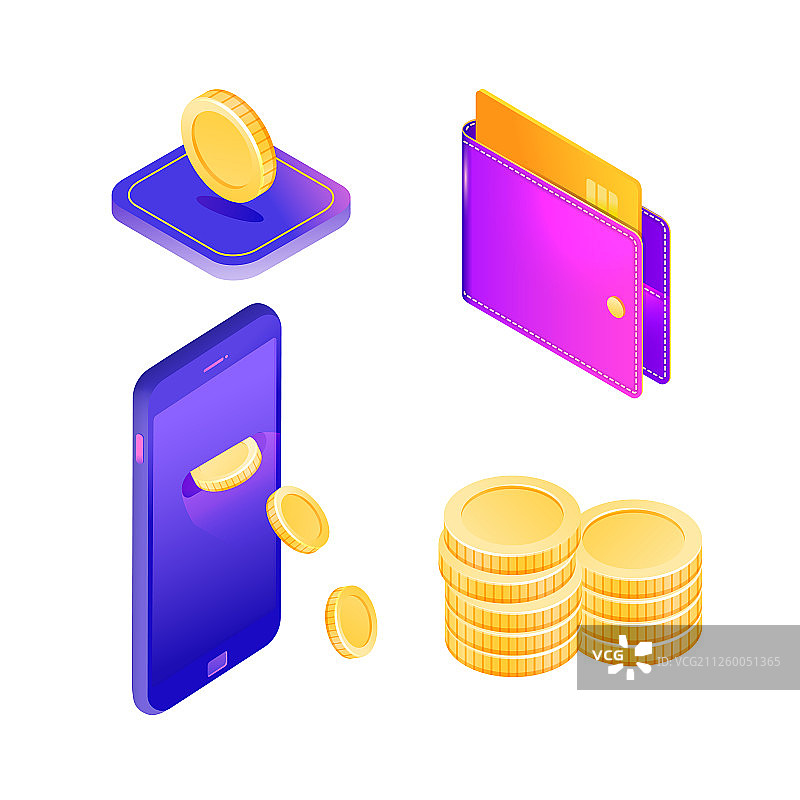 2.5D等距比特币互联网金融概念渐变矢量元素插画图片素材
