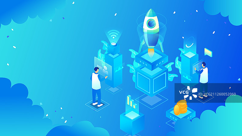 2.5D等距区域链比特币金融概念渐变矢量背景插画图片素材