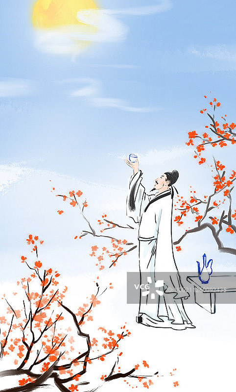 水墨中国画古典诗词人物插图李白举杯邀明月图片素材