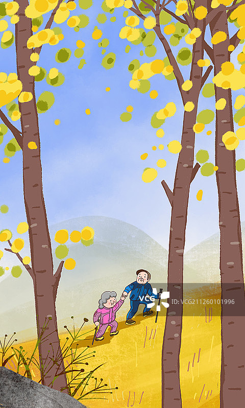 重阳节两个老人登山插图手绘图片素材
