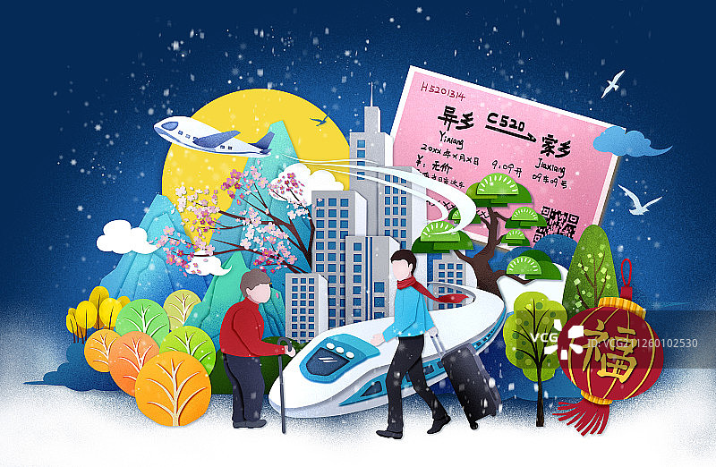 春运过年回家团圆横版夜晚雪景图片素材