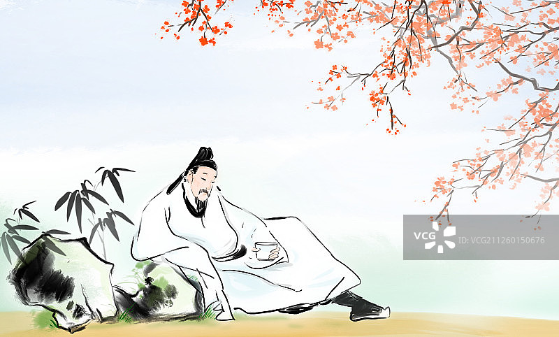 水墨中国画古典诗词人物插图李白醉酒图片素材