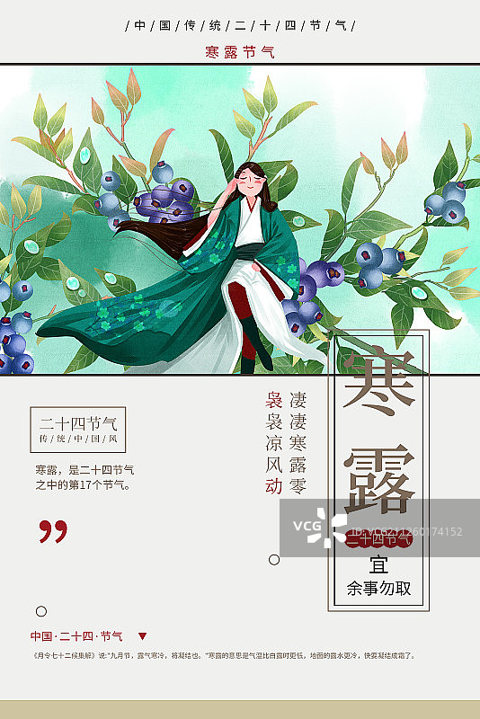 二十四节气水彩风格古风公子与果实蓝莓寒露插画海报图片素材