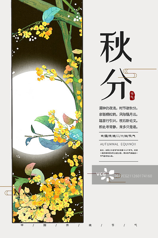 二十四节气水彩风格古风植物桂花树秋分插画海报图片素材