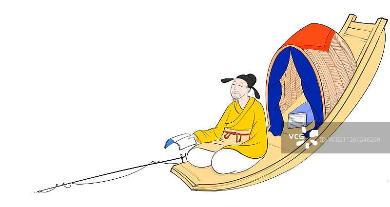 水墨插画元素国潮风格小船钓鱼图片素材