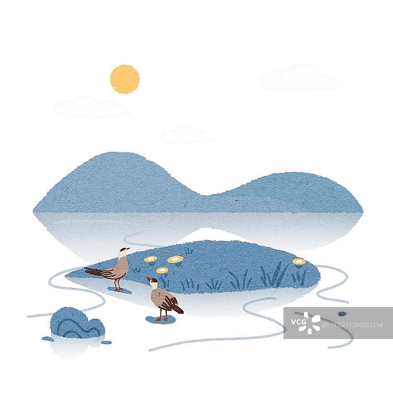 山水小岛水鸟风景扁平风图片素材