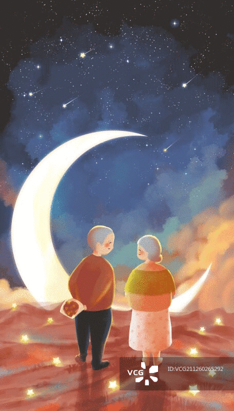 星空下白发的爷爷奶奶背影浪漫唯美插画图片素材