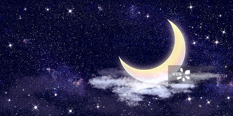满天星星在闪烁，月亮在发光并浮在空中插画背景图片素材