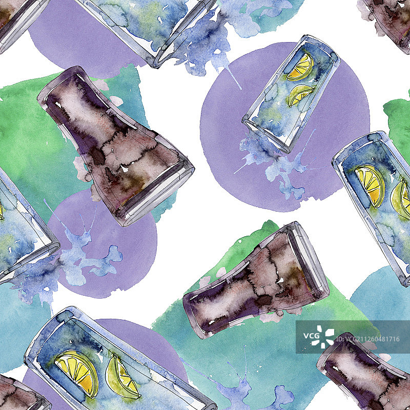 新鲜冰凉的软饮料。水彩背景插图集。无缝背景图案。图片素材