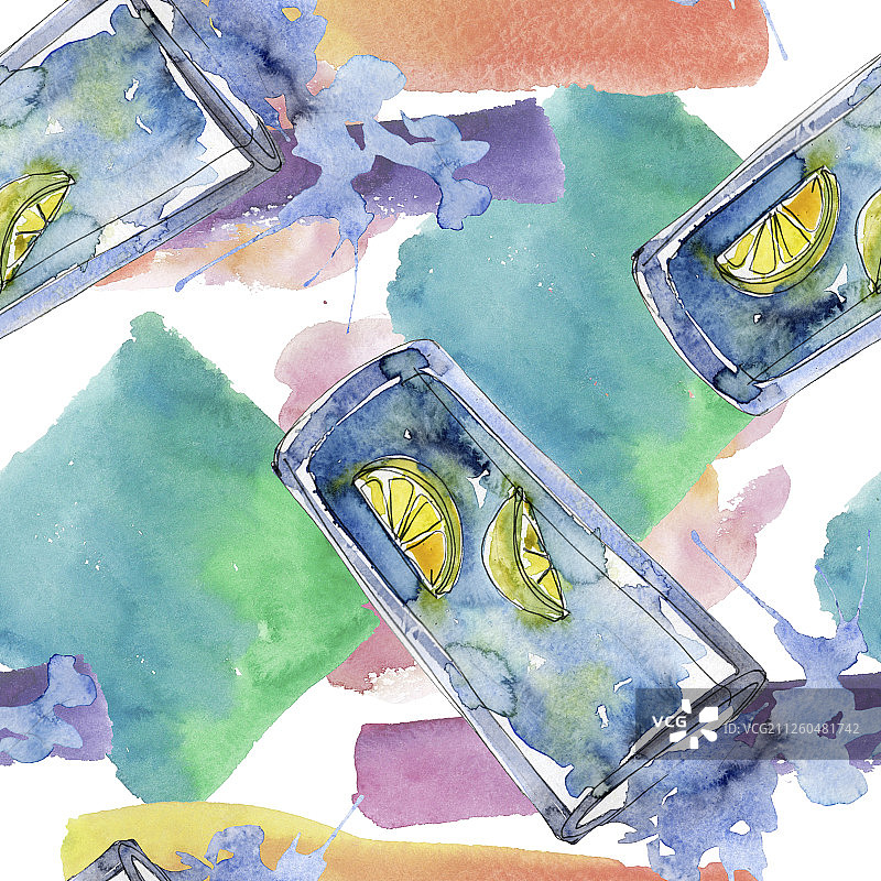 新鲜冰凉的软饮料。水彩背景插图集。无缝背景图案。图片素材