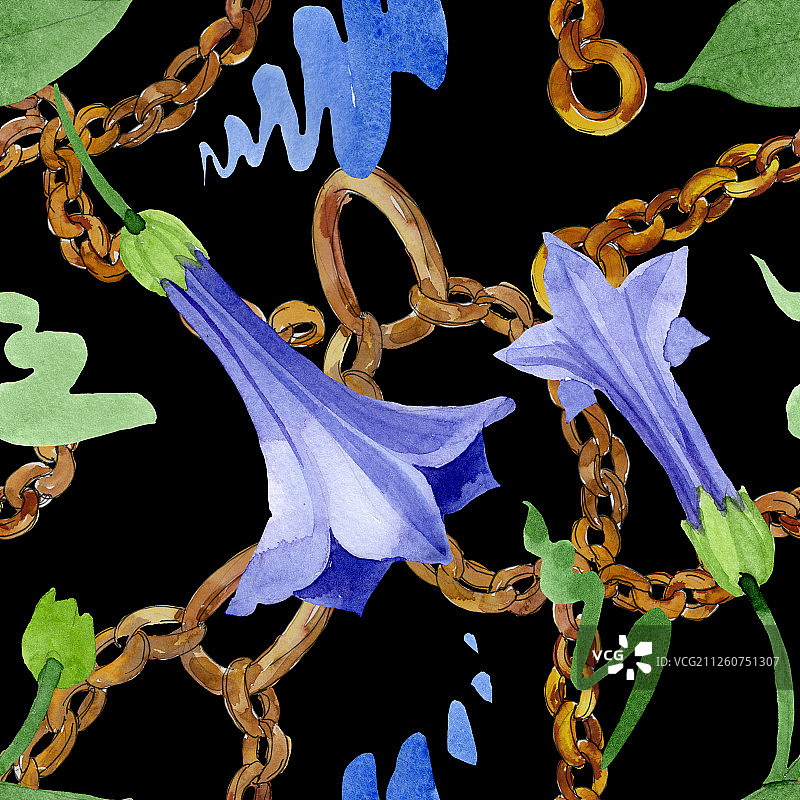 蓝色曼陀罗花卉植物花卉，水彩背景图案，无缝背景图案图片素材