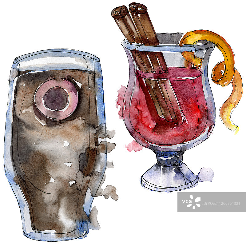 酒精酒吧派对鸡尾酒饮品。水彩背景插图集。孤立的饮品插图元素图片素材