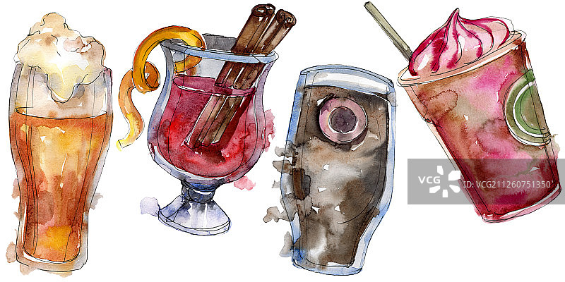 酒精酒吧派对鸡尾酒饮品。水彩背景插图集。孤立的饮品插图元素图片素材