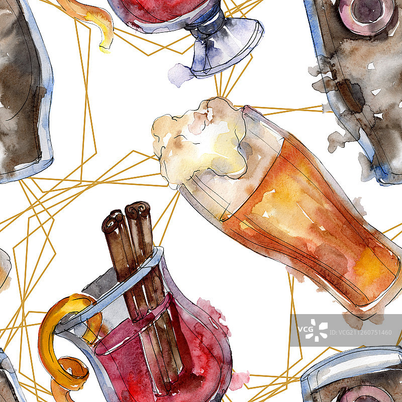 酒精酒吧派对鸡尾酒饮品水彩背景插图无缝背景图案图片素材