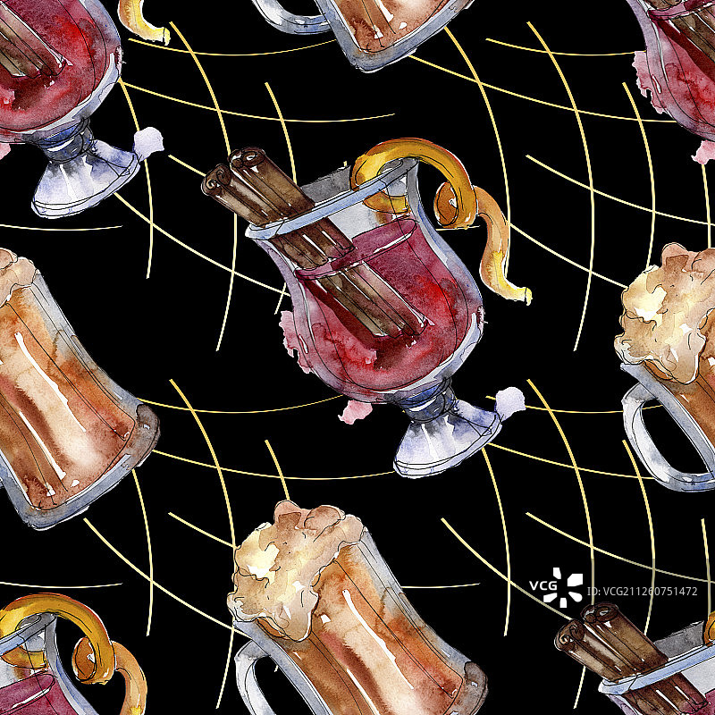 酒精酒吧派对鸡尾酒饮品水彩背景插图无缝背景图案图片素材