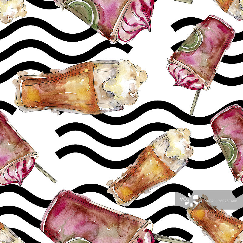 酒精酒吧派对鸡尾酒饮品水彩背景插图无缝背景图案图片素材