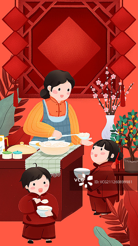 年俗大年初五妈妈在厨房给孩子盛饺子吃饺子手绘插画竖版图片素材