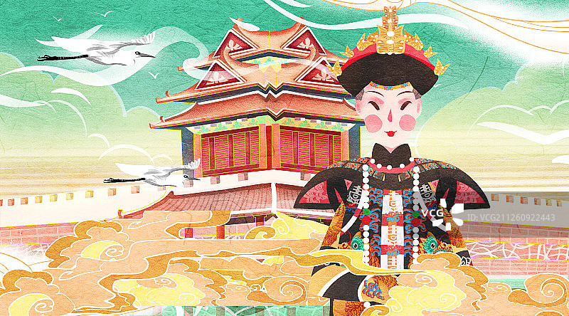 国潮风中国清朝皇后喜服插画图片素材