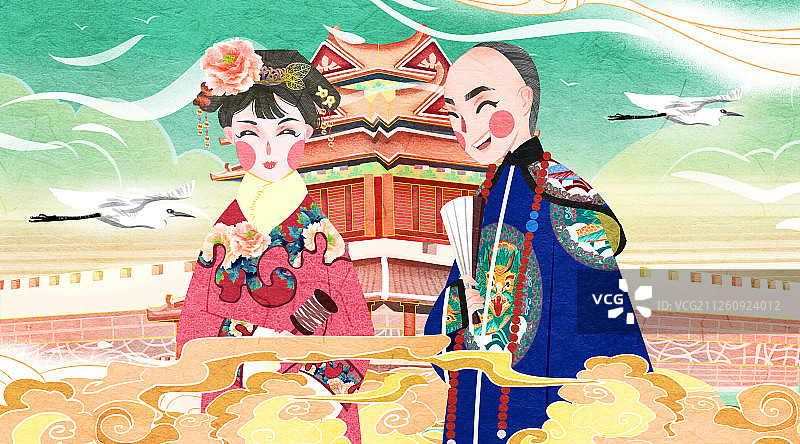 国潮风中国清朝王爷和公主插画图片素材