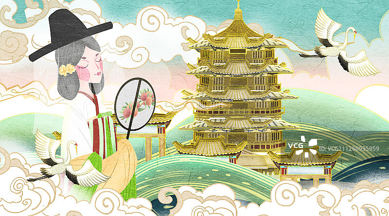 国潮风中国唐朝女性小姐服饰插画图片素材