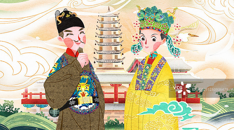 国潮风中国明朝皇帝皇后插画图片素材
