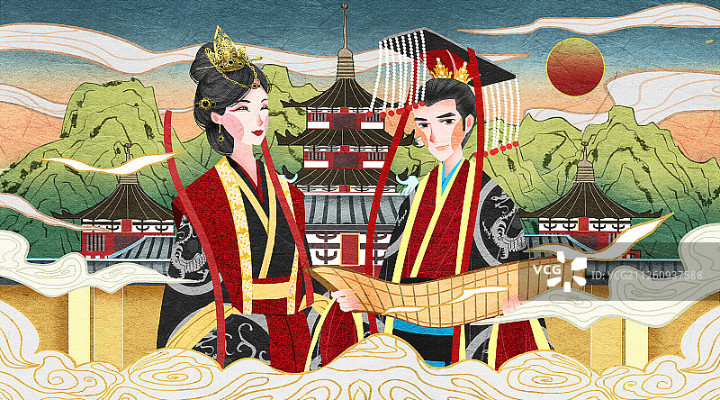 国潮风中国汉朝汉武帝皇帝皇后插画图片素材