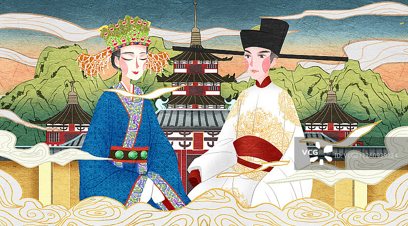 国潮风中国宋朝皇帝皇后插画图片素材
