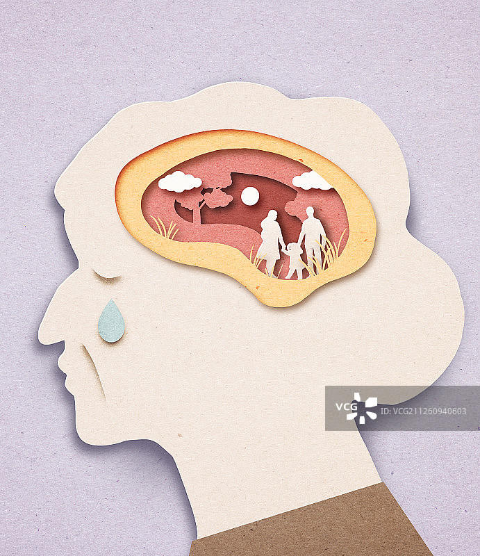 纸艺、失智症、大脑、悲伤、忧郁、眼泪、老人图片素材