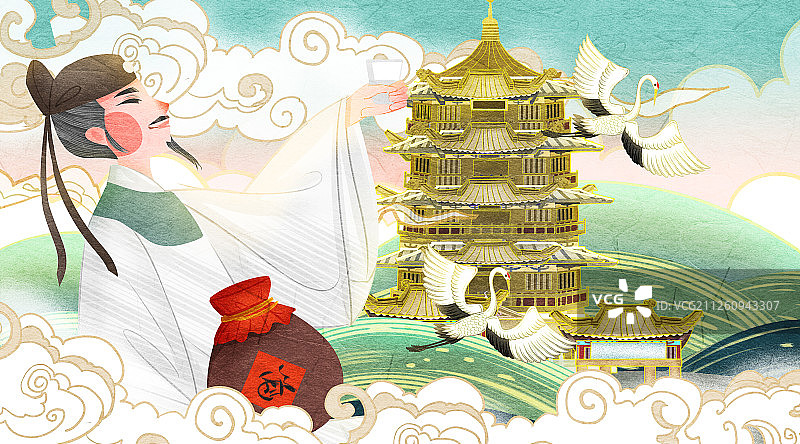 国潮风中国唐朝诗人李白喝酒插画图片素材