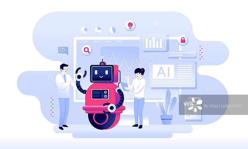 卡通机器人数据分析科技概念背景矢量插画图片素材