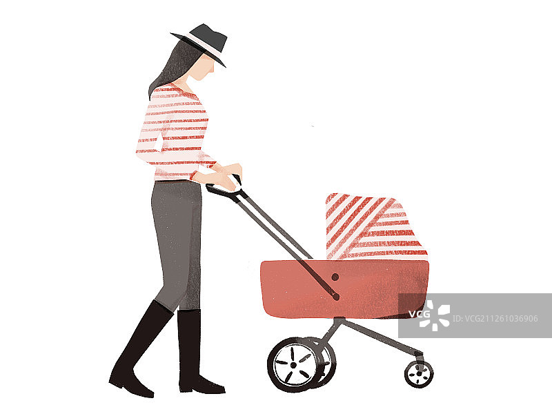 推婴儿车的母亲扁平噪点插图手绘图片素材