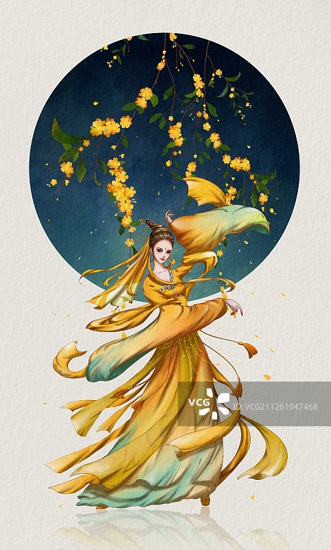 明黄色桂花前的俏皮古风女孩 桂花拟人插画图片素材