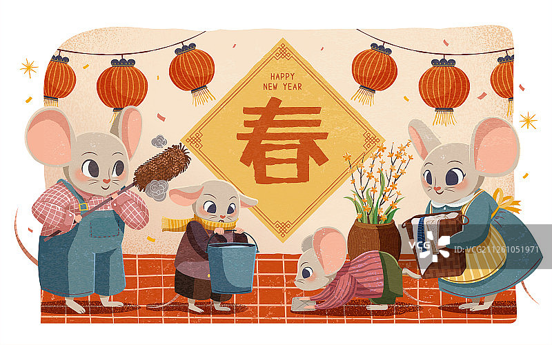 可爱老鼠家族大扫除插图图片素材