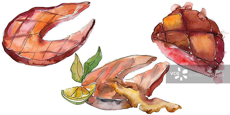 水彩风味烤牛排美食插画背景素材图片素材