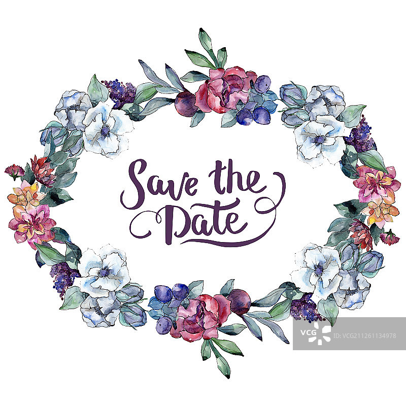 花束，水彩背景，水彩方块边框，日期邀请函手写字母组合书法图片素材