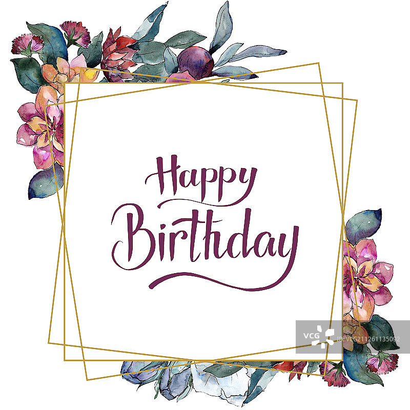 花束花朵。水彩背景。水彩框架边界装饰方块。生日快乐手写书法。图片素材