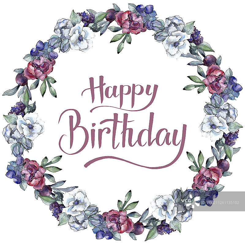 花束花朵。水彩背景。水彩框架边界装饰方块。生日快乐手写书法。图片素材