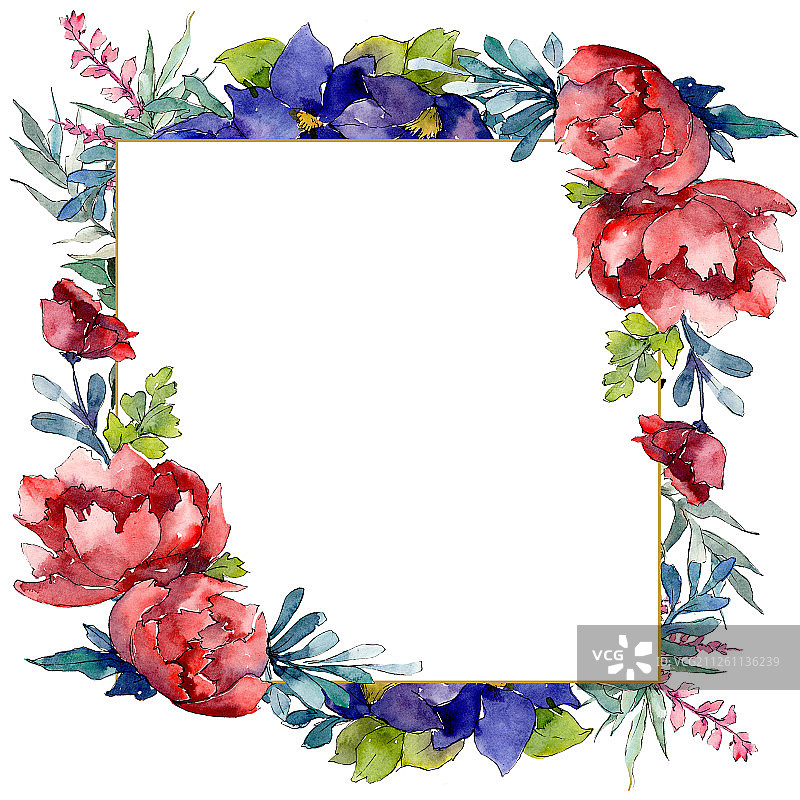 红色、橙色和蓝色花束植物花卉，水彩背景插图，边框装饰方块图片素材