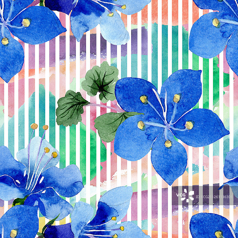 蓝色法赛丽花水彩插图，无缝背景图案，织物壁纸印花纹理图片素材