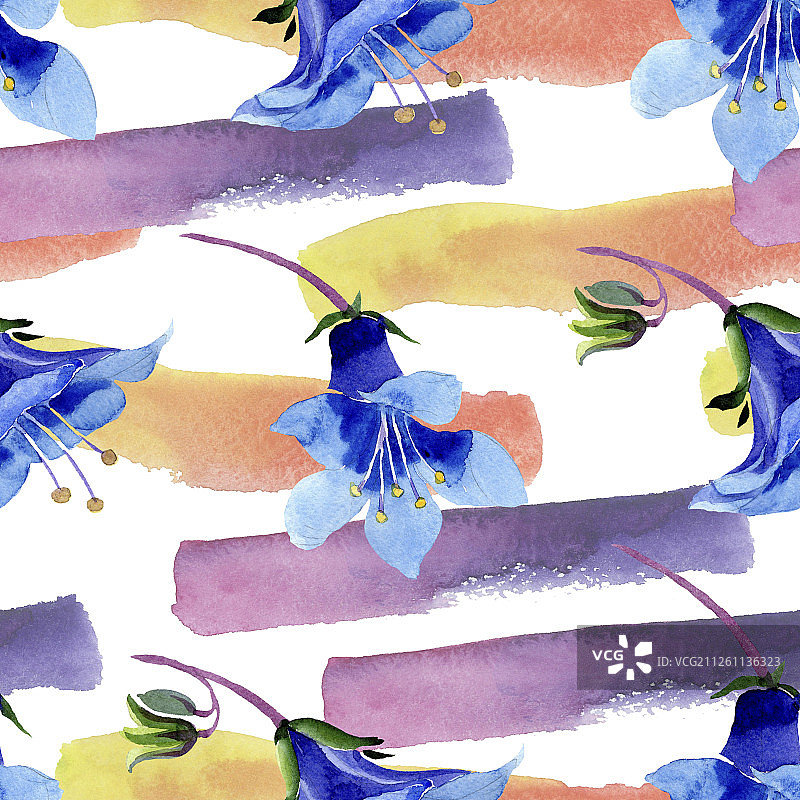 蓝色法赛丽花水彩插图，无缝背景图案，织物壁纸印花纹理图片素材