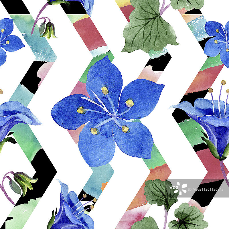 蓝色法赛丽花水彩插图，无缝背景图案，织物壁纸印花纹理图片素材