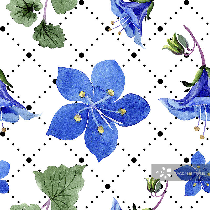 蓝色法赛丽花水彩插图，无缝背景图案，织物壁纸印花纹理图片素材