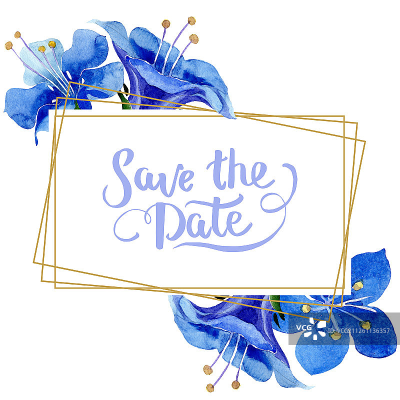 蓝色法赛丽花，水彩背景，花卉方框，日期邀请函手写字母组合图片素材