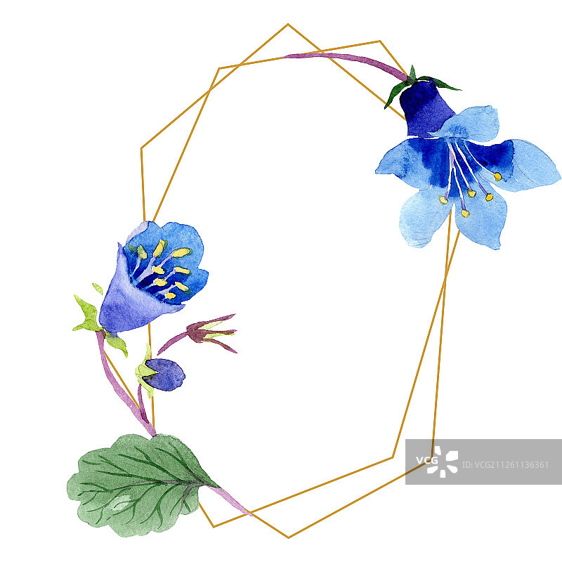 蓝色蓝蓟花水彩背景金色水晶框架几何水晶石多面体图片素材