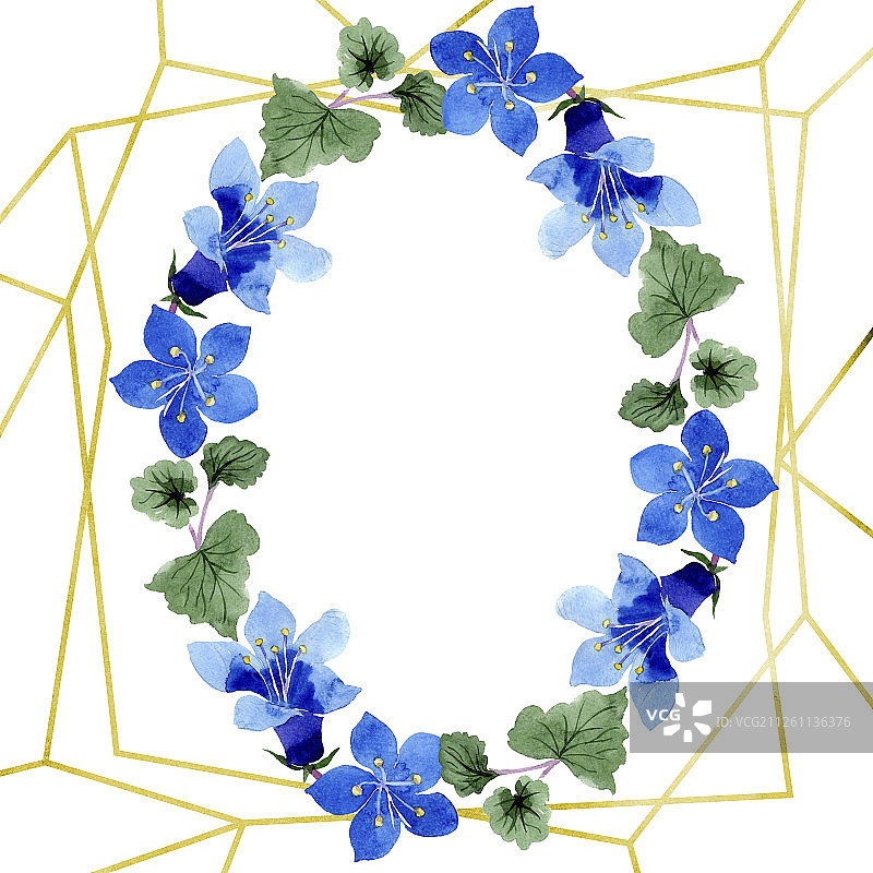 蓝色田野花水彩背景插画，花环框架，几何水晶石多面体图片素材