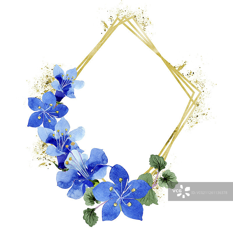 蓝色蓝蓟花水彩背景金色水晶框架几何水晶石多面体图片素材