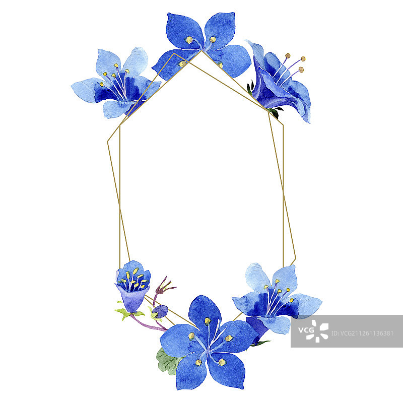 蓝色蓝蓟花水彩背景金色水晶框架几何水晶石多面体图片素材